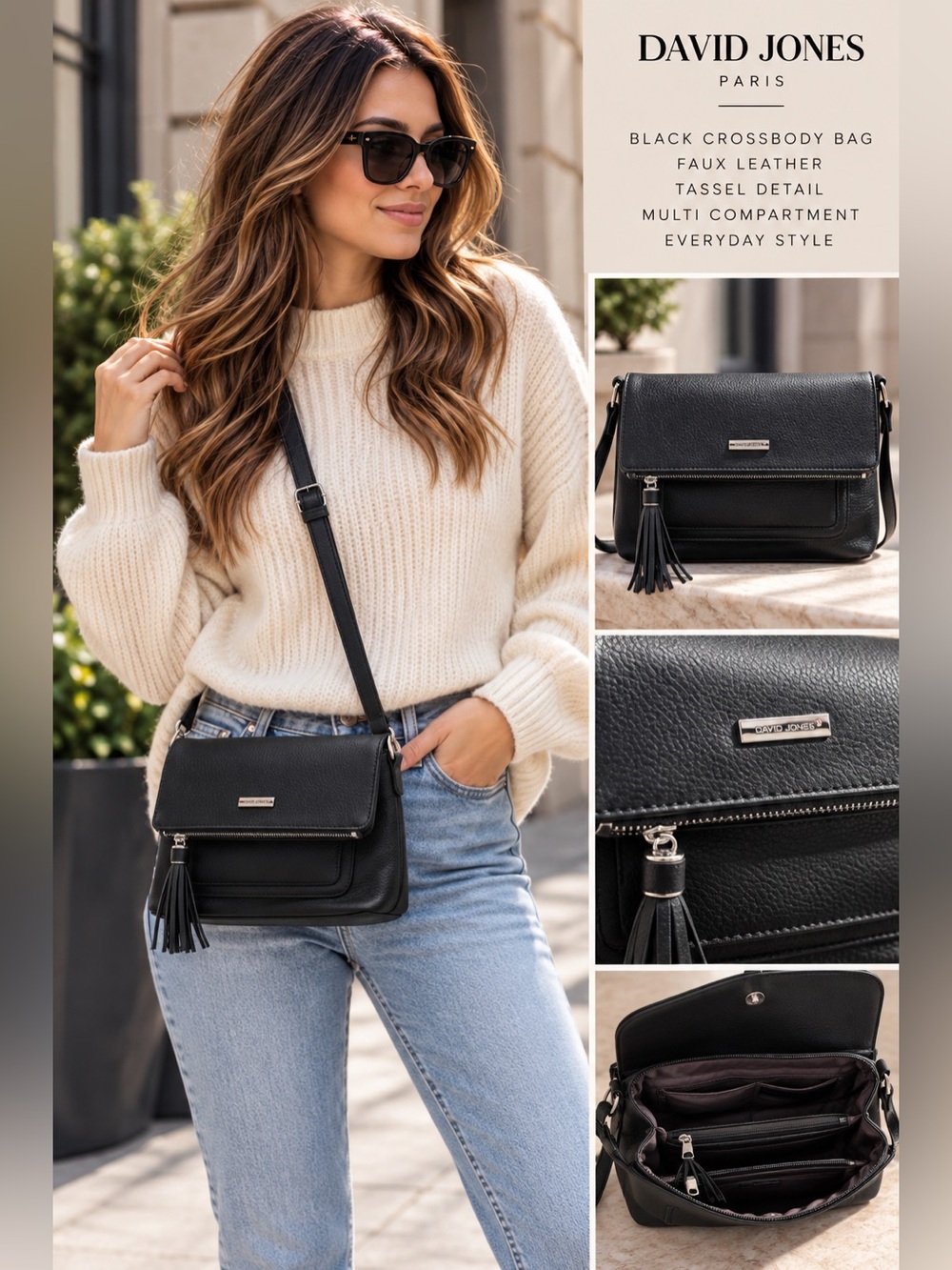 David Jones Paris Black Crossbody Bag Faux Leather Tassel Multi Compartment